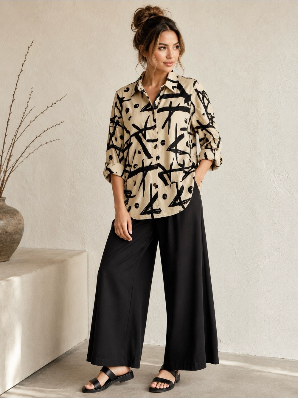 Ali Miles Abstract Print Tunic Blouse Beige Black Rayon Business Work Art Top M